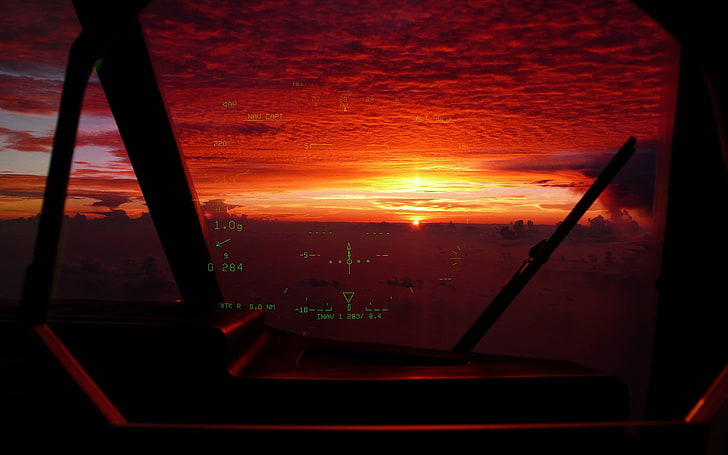 zachód słońca, samolot, kokpit, HUD, chmury, pojazd, słońce, Tapety HD
