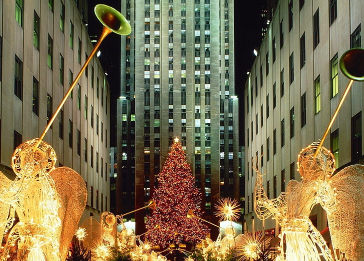 Rockefeller Center Tree, choinka, girlanda, figurki, drapacze chmur, miasto, Tapety HD