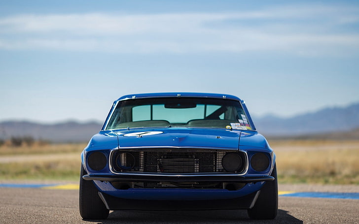 BMW E30 blu, Ford Mustang, 1969, auto, vista frontale, Sfondo HD
