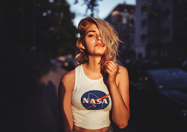 twarz, Rachel Ann Yampolsky, blondynka, ulica, modelka, białe bluzki, NASA, kobiety, Tapety HD