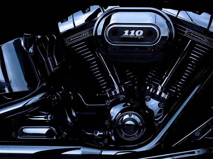 czarny, chrom, harley davidson, metal, motor, silnik motocyklowy, motocykle, błyszczący, Tapety HD