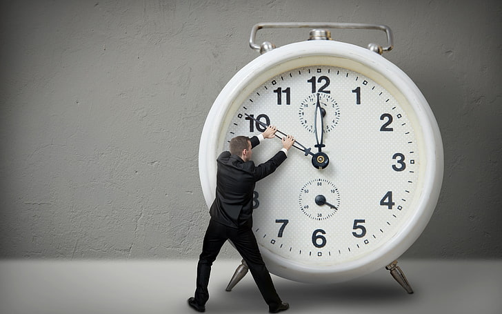 white alarm clock, clocks, suits, men, time, simple background, HD wallpaper