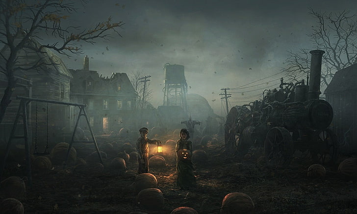 Jungen und Mädchen in der Mitte Ruinen mit Jack-o'-Laternen digitale Tapete, Halloween, gruselig, Fantasy-Kunst, digitale Kunst, HD-Hintergrundbild