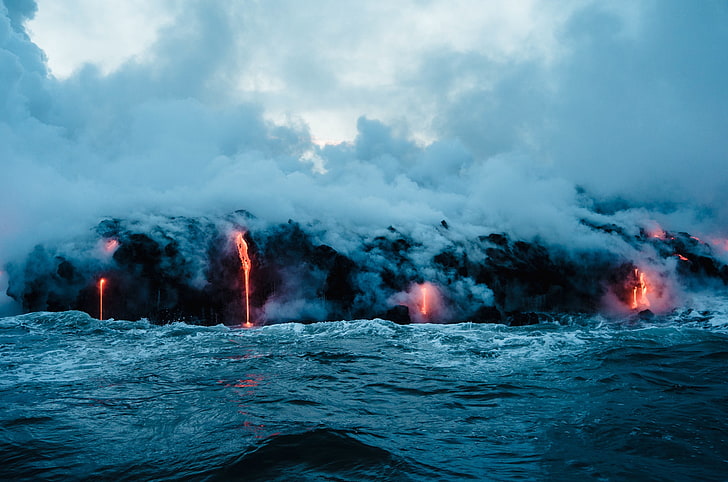 eruption, volcano, water, lava, HD wallpaper