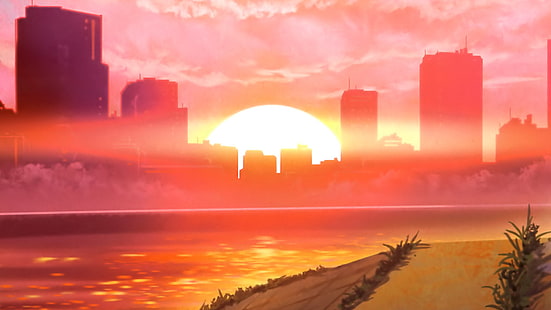 Anime, bara för att !, stad, solnedgång, HD tapet HD wallpaper