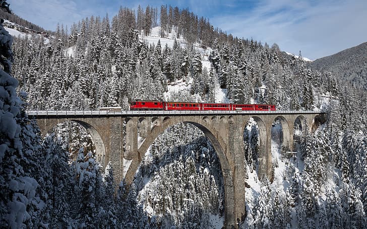 landscape, Swiss Alps, Switzerland, train, mountains, bernina express, railway, HD wallpaper