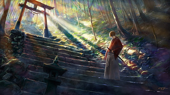 Samurai X Rurouni Kenshin fond d'écran numérique, art numérique, art fantastique, nature, peinture, Himura Kenshin, escalier, samouraï, katana, pierre, rayons de soleil, architecture asiatique, arbres, collines, vêtements japonais, torii, Fond d'écran HD HD wallpaper