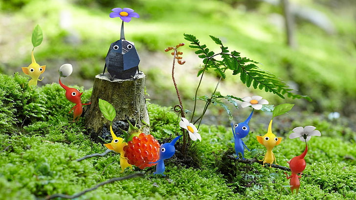 Spielzeugsammlung mit Blättern und Blütenblättern in verschiedenen Farben, Pikmin, Videospiele, Nintendo, HD-Hintergrundbild