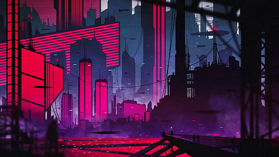 framtid, neon, stad, skyskrapa, scen, metropol, mörker, scen, natt, HD tapet HD wallpaper