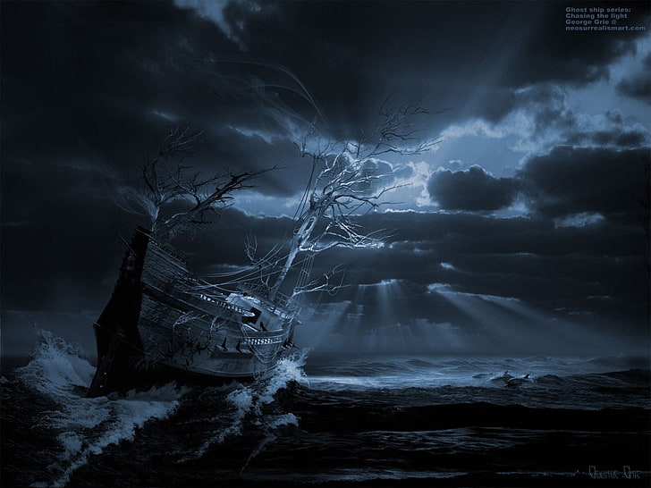 maison noir et blanc près de la peinture de plan d'eau, navire, art numérique, voilier, surréaliste, arbres, branche, vagues, rayons du soleil, nuages, sombre, dauphin, bateau fantôme, tempête, Fond d'écran HD