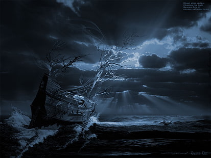maison noir et blanc près de la peinture de plan d'eau, navire, art numérique, voilier, surréaliste, arbres, branche, vagues, rayons du soleil, nuages, sombre, dauphin, bateau fantôme, tempête, Fond d'écran HD HD wallpaper