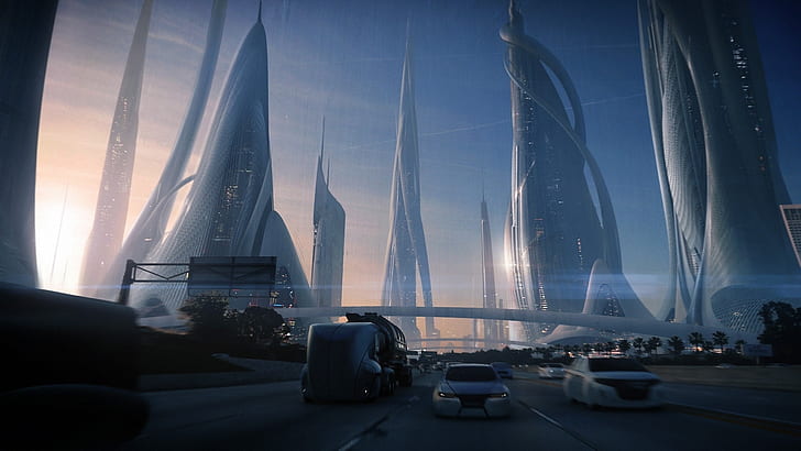 Framtida stad, konstdesign, transport, vägar, bilar, skyskrapor, läge gakuen spiraltorn och spiraltorn, framtid, stad, konst, design, transport, vägar, bilar, skyskrapor, HD tapet