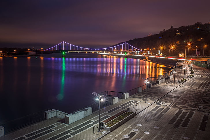 rzeka, światła, Ukraina, Kijów, nocne światła miasta, most parkowy, nabrzeże Dniepru, Tapety HD