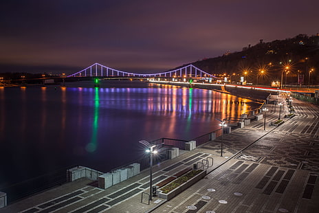 rzeka, światła, Ukraina, Kijów, nocne światła miasta, most parkowy, nabrzeże Dniepru, Tapety HD HD wallpaper