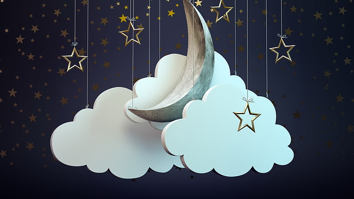 silver crescent and white clouds hanging decor, digital art, nature, Moon, stars, sky, night, clouds, blue, fantasy art, 3D, ropes, HD wallpaper