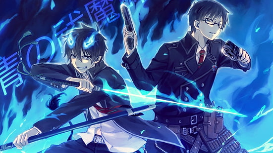 илюстрация на двама мъжки аниме герои, аниме, син екзорсист, Ao No Exorcist, Kurikara (син екзорсист), Rin Okumura, Yukio Okumura, HD тапет HD wallpaper