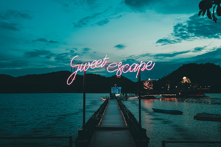 Sweet Escape neon sign, sea, inscription, signboard, pier, HD wallpaper