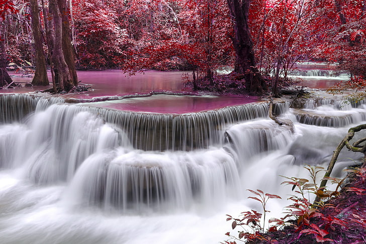 body of water, autumn, flow, purple, river, waterfall, HD wallpaper