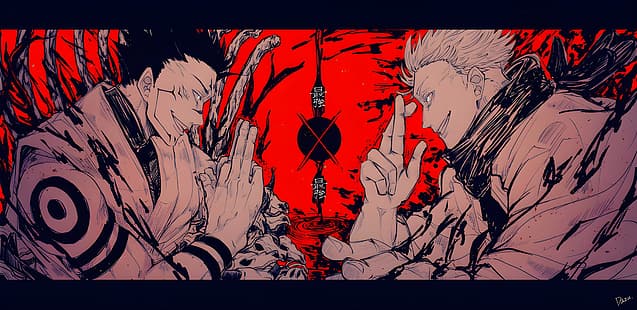 dazu (ダｽﾞ), Jujutsu Kaisen, аниме, аниме момчета, червено, Ryomen Sukuna, Satoru Gojo, HD тапет HD wallpaper