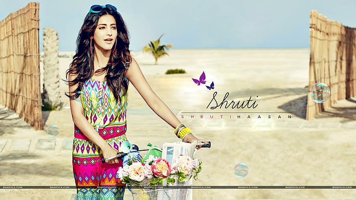 Shruti Hassan With Bicycle, female celebrities, shruti hassan, bollywood, actress, celebrities, HD wallpaper