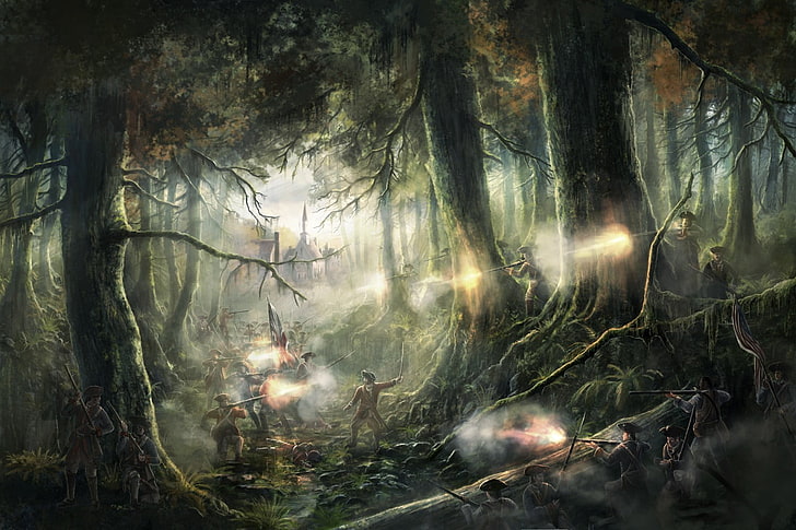 group of people between green leafed trees illustration, war, forest, HD wallpaper