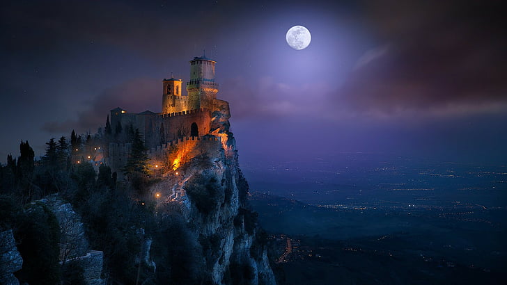 полунощ, Европа, ЕС, Монте Титано, крепост Гуаита, Сан Марино, Гуайта, вечер, астрономически обект, нощно небе, крепост, скала, скала, лунен, замък, лунна светлина, тъмнина, луна, нощ, небе, HD тапет