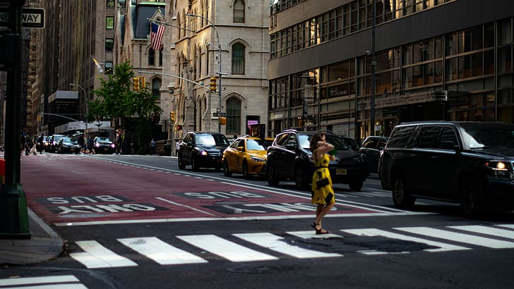 women, yellow dress, crosswalk, pedestrian crossing, New York Taxi, taxi, street, New York City, HD wallpaper