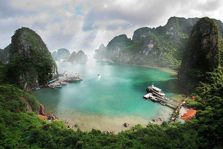 tropisk, natur, landskap, strand, moln, båt, solstrålar, stenar, Vietnam, skog, hav, ö, fartyg, Ha Long Bay, fotografering, HD tapet