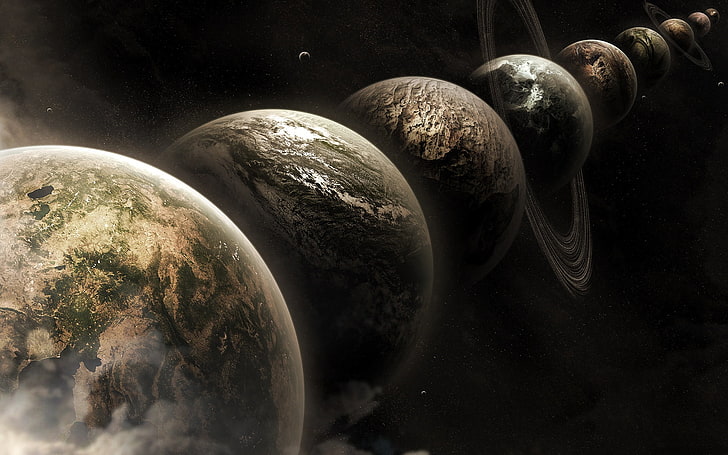 Parallel Universe, planetary alignment, 3D, Space, star, dark, planet, HD wallpaper
