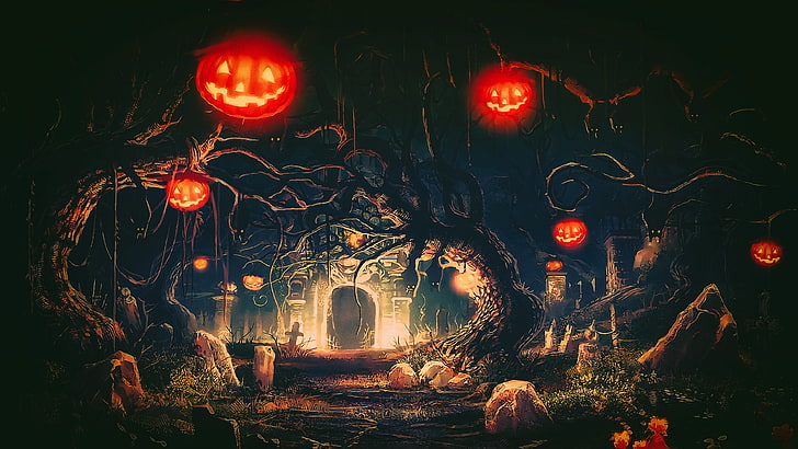 trees and castle digital wallpaper, Halloween, Terror, night, fantasy art, Photoshop, artwork, pumpkin, HD wallpaper