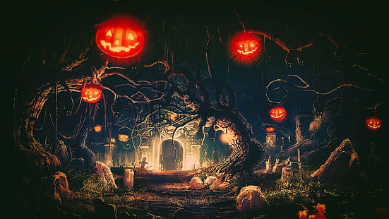 trees and castle digital wallpaper, Halloween, Terror, night, fantasy art, Photoshop, artwork, pumpkin, HD wallpaper HD wallpaper