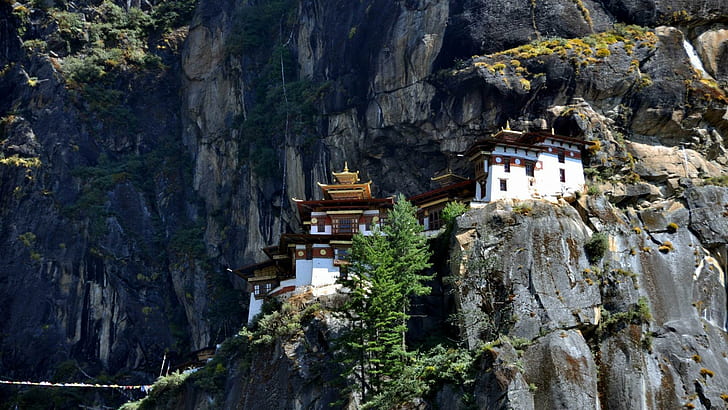 Bhutan Monastery, cliffs, mountain, trees, monastery, nature and landscapes, HD wallpaper