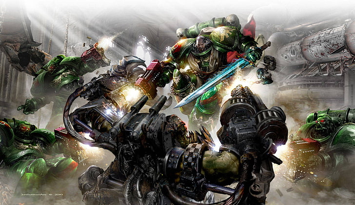 green and black robot wallpaper, sword, Angels, Orc, warhammer 40k, space Marines, bolter, Dark Angels, Dark, HD wallpaper