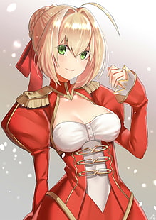anime, anime girls, Fate / Extra, Fate / Stay Night, Saber Extra, décolleté, cheveux courts, blonde, yeux verts, chemise ouverte, Sabre, Fond d'écran HD HD wallpaper