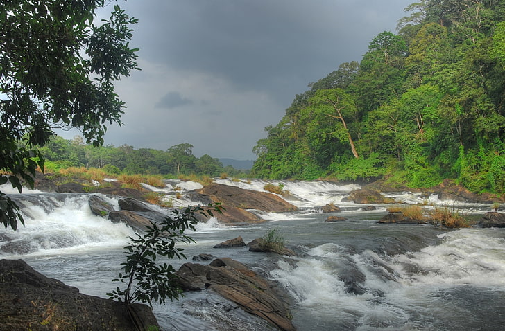 Cachoeiras vazhachal, cachoeiras em cascata, Ásia, Índia, cachoeira, kerala, Athirappilly, vazhachal, HD papel de parede