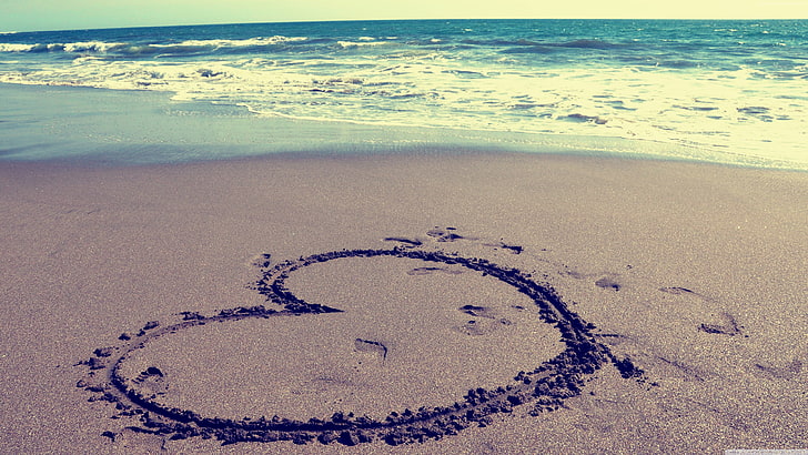 February 14, sand, Valentines Day, sea, heart, love, HD wallpaper