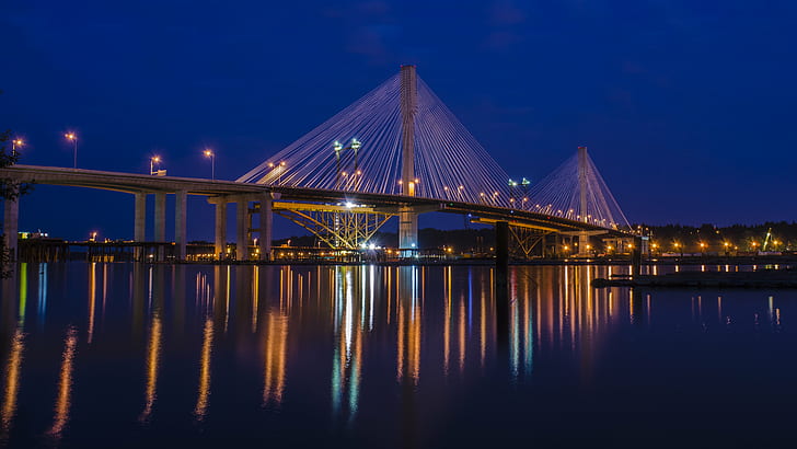 jembatan terang pada malam hari, jembatan port mann, jembatan port mann, Port Mann Bridge, malam hari, Nikon D7000, Malam, Adegan, Surrey, Coquitlam, Sungai Fraser, Konstruksi, berawan, arsitektur, jembatan - Struktur Buatan Manusia, sungai, Tempat terkenal,Cityscape, senja, Adegan perkotaan, Jembatan gantung, Skyline perkotaan, refleksi, biru, Struktur dibangun, Wallpaper HD