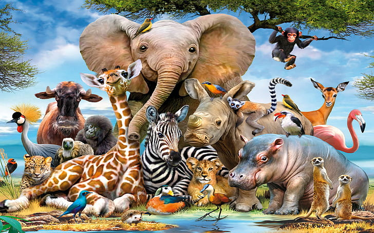 Tiere des Dschungels Giraffe Elefant Zebra Nilpferd Njosorogo Leopard Löwe Gorilla Schimpanse Bison Waschbär Adler Mungusi Kunst Wallpaper Hd 1920 × 1200, HD-Hintergrundbild