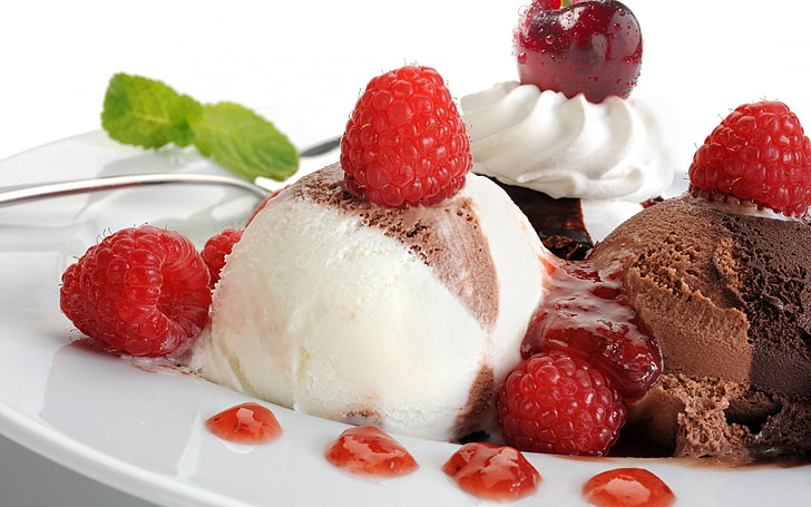 red cherries, cherry, dessert, sweet, chocolate, jam, ice cream, raspberry, HD wallpaper