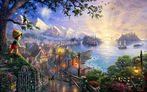 1pinocchio, animation, art, comedy, company, disney, fairy, family, fantasy, kinkade, landscapes, marionette, movies, pinocchio, puppet, ships, sunset, tales, thomas, villages, wood, wooden, HD wallpaper HD wallpaper