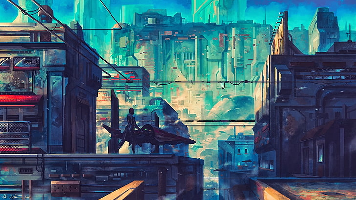 uomo in piedi sulla cima di un edificio dipinto, opere d'arte, fantasy art, futuristico, città, fantascienza, città futuristica, Sfondo HD