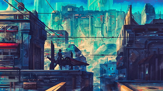 człowiek stojący na szczycie budynku malarstwo, grafika, sztuka fantasy, futurystyczny, miasto, science fiction, futurystyczne miasto, Tapety HD HD wallpaper
