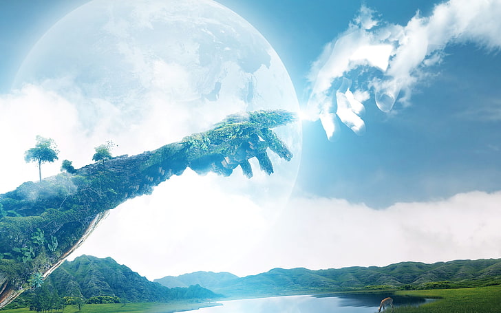 The Creation of Adam The Hand illustration, digital art, hands, fingers, nature, Moon, The Creation of Adam, trees, double exposure, lake, hills, deer, clouds, God, forest, birds, plants, moss, grass, HD wallpaper