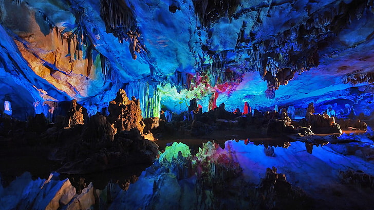 landscape, tourist attraction, tourism, surreal, neon, guilin, china, ludi yan, guangxi, reed flute cave, cave, rock, karst landforms, mountain, caving, geology, reflection, limestone, stalactite, formation, HD wallpaper
