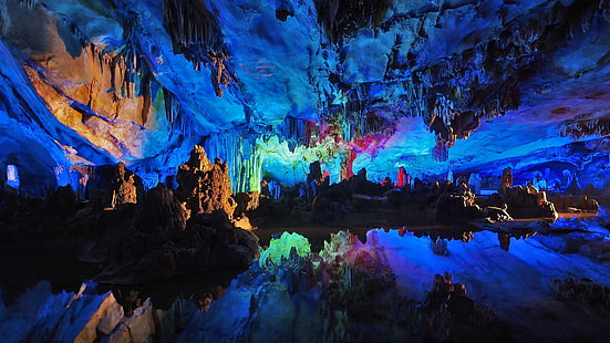 landscape, tourist attraction, tourism, surreal, neon, guilin, china, ludi yan, guangxi, reed flute cave, cave, rock, karst landforms, mountain, caving, geology, reflection, limestone, stalactite, formation, HD wallpaper HD wallpaper