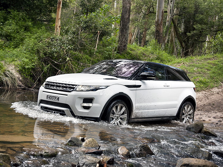 biały Land Rover SUV, las, biały, drzewa, kamienie, coupe, jeep, głośnik, Land Rover, przód, crossover, Ewok, range Rover, evoque, dynamic, Ford. water, Tapety HD