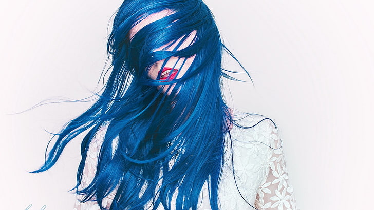women, blue hair, long hair, hair in face, dyed hair, HD wallpaper