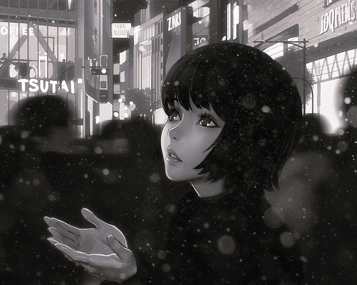 anime girl, semi realistic, monochrome, short hair, snow, Anime, HD wallpaper