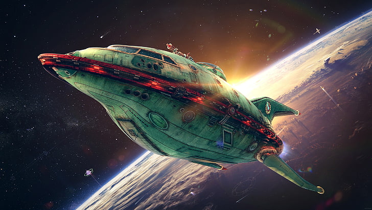 التوضيح سفينة الفضاء الخضراء والحمراء فوتثرما كوكب صريح، خلفية HD
