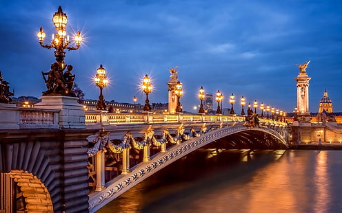 Paris, France, city, evening, lights, Pont Alexandre III, bridge, Paris, France, City, Evening, Lights, Alexandre, Bridge, HD wallpaper HD wallpaper